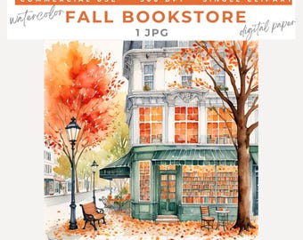 May include: A watercolor illustration of a bookstore building with a green storefront, large windows filled with books, and a striped awning. The scene features orange and red autumn trees, a black street lamp, a bench, and fallen leaves.
