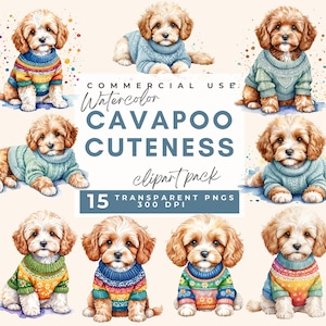 以下が含まれることがあります： カラフルなニットセーターを着たキャバプーの子犬を描いた水彩画のデジタルコレクション。テキストには「COMMERCIAL USE Watercolor CAVAPOO CUTENESS clipart pack 15 TRANSPARENT PNGS 300 DPI」と書かれています。子犬たちはさまざまなポーズで描かれています。
