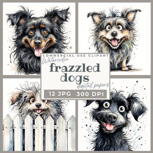 Zerfetzter Hund Clipart, lustig, süß, ungepflegt, schrullig, Hund Clip Art JPGs, druckbare Aquarell Haustier Grafiken Papercraft Junk Journal DIY Kartenherstellung
