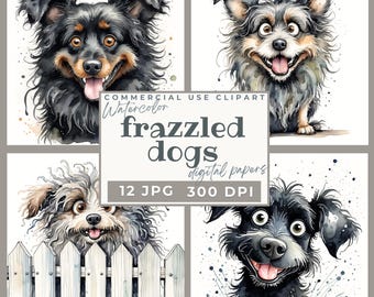 Frazzled dog clipart, Funny Cute Scruffy Quirky Dog Clip Art JPGs, Printable Watercolor Pet Graphics Papercraft Junk Journal DIY card making