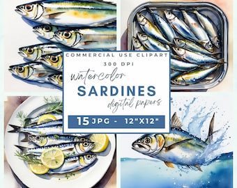 Conjunto de imágenes prediseñadas de sardinas en acuarela, para álbumes de recortes, diarios digitales, decoración imprimible, descarga instantánea Imágenes prediseñadas de alimentos, imágenes prediseñadas de pesca, pescados enlatados