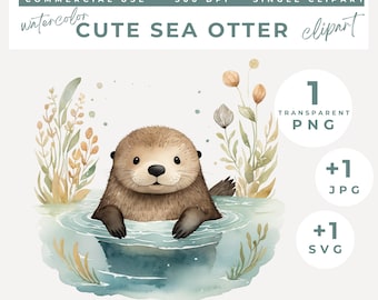 Otter clipart PNG, Otter Watercolor Clipart, Cute Baby Shower Graphics, Nursery Decor Wall Art, Sea Animal Commercial Use Instant Download