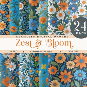 Bright Floral Digital Paper, Orange Blue Seamless Flower Patterns, Bold Botanical Backgrounds, Garden Scrapbook Paper Pack JPG, Junk Journal