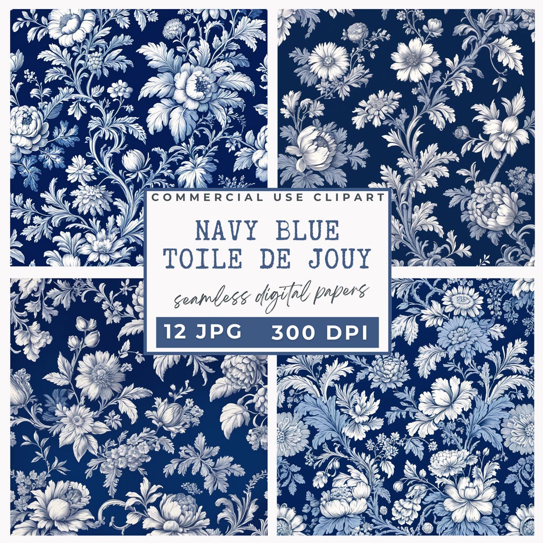 Navy Blue Toile De Jouy Digital Paper Pack, 12 Floral Toile Seamless ...