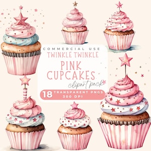 Twinkle twinkle pink star cupcake clipart, Cupcake pink clipart, Pink Watercolor Cupcake Clipart, Baby Shower Clipart, Birthday Invitation