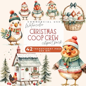 Clipart Noël poulet, Noël festif poulets PNG Clipart vacances coqs avec chapeaux et pulls de Noël mignon poulet de Noël pour carte
