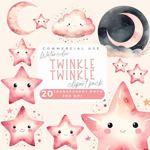 Twinkle Twinkle Stern Baby Clipart, süße rosa Sterne Wolke Mond Clipart, Aquarell Baby Shower Clipart, Mädchen Geburtstag Einladung PNG