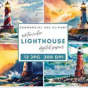 Lighthouse watercolor clipart, Sea Storm Nautical Landscape Print, Beach Coastal clip art, Junk Journal, High Quality JPG's, Commercial Use