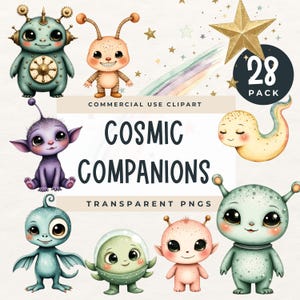 Imágenes prediseñadas de extraterrestres de compañeros cósmicos, lindas criaturas espaciales PNG, personajes extraterrestres extravagantes, arte de palabras galáctico, gráficos para uso comercial