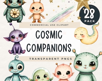 Imágenes prediseñadas de extraterrestres de compañeros cósmicos, lindas criaturas espaciales PNG, personajes extraterrestres extravagantes, arte de palabras galáctico, gráficos para uso comercial