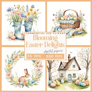 Blooming Easter Delights clipartpack, lentebloemen aquarel clipart lente ontwerpen hekken, picknickmanden wilde bloemen en paaseieren JPG