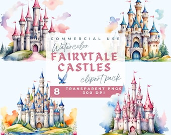 Castelo de conto de fadas em aquarela Clipart, Castelo de conto de fadas Clipart PNG Castelo mágico de conto de fadas rosa azul clipart berçário clipart reino das fadas