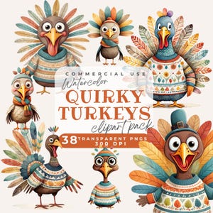 Pavo peculiar Clipart Lindo Divertido Otoño Acción de Gracias Pavo Pájaro Clip Art PNG Acuarela Pájaros extravagantes y caprichosos PNG Gráfico de dibujos animados