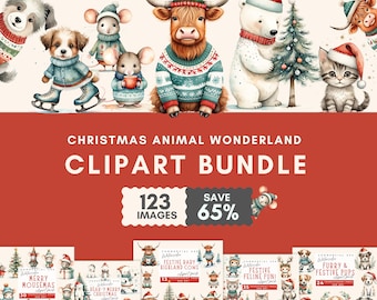 Cute Christmas Animal Clipart, Cute Christmas Animals Clipart, Whimsical Festive Animals Festive friends Holiday Clipart Christmas Clip art