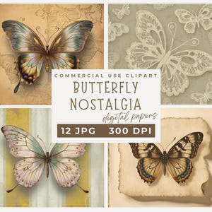 Vintage Butterfly Digital Paper, Butterfly nostalgia, Vintage butterflies printable pages, Scrapbook Paper Junk Journals Collage Sheet JPG