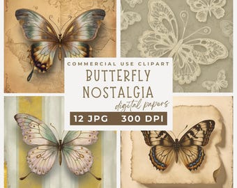 Vintage Butterfly Digital Paper, Butterfly nostalgia, Vintage butterflies printable pages, Scrapbook Paper Junk Journals Collage Sheet JPG