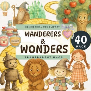 Bundle de cliparts PNG conte de fées, personnages de livres de contes et objets magiques, clipart inspiré du magicien d'Oz, illustrations fantastiques aquarelle