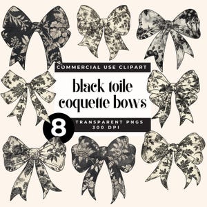 Black Toile Bow Clipart, Vintage Ribbon PNG, French Toile Croquette Bows Clip Art, Elegant Aesthetic Graphics, Baroque Illustration