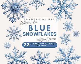 Clipart di fiocchi di neve, clipart di fiocchi di neve acquerello, clipart di fiocchi di neve blu PNG, immagini di fiocchi di neve invernali, fiocchi di neve stampabili di artigianato invernale