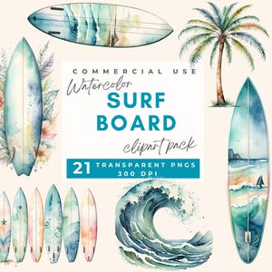 Surf Board Clipart watercolor Beach Waves, Surf Clipart Bundle, Surfboard PNG, Palm Trees Clipart, Ocean Clipart Summer PNG Surfing Wall Art