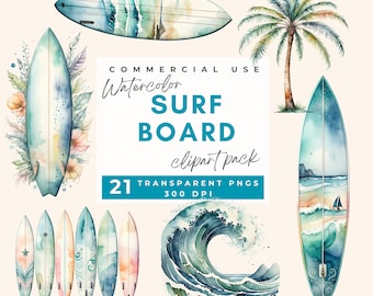 Surf Board Clipart watercolor Beach Waves, Surf Clipart Bundle, Surfboard PNG, Palm Trees Clipart, Ocean Clipart Summer PNG Surfing Wall Art