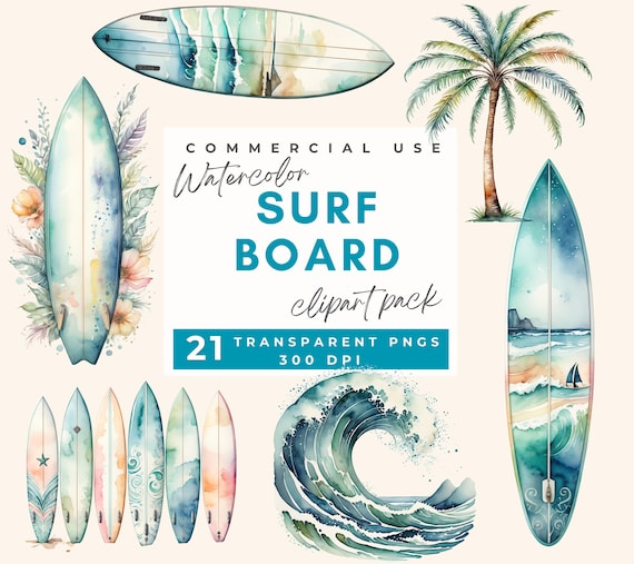Surf Board Clipart watercolor Beach Waves, Surf Clipart Bundle, Surfboard PNG, Palm Trees Clipart, Ocean Clipart Summer PNG Surfing Wall Art