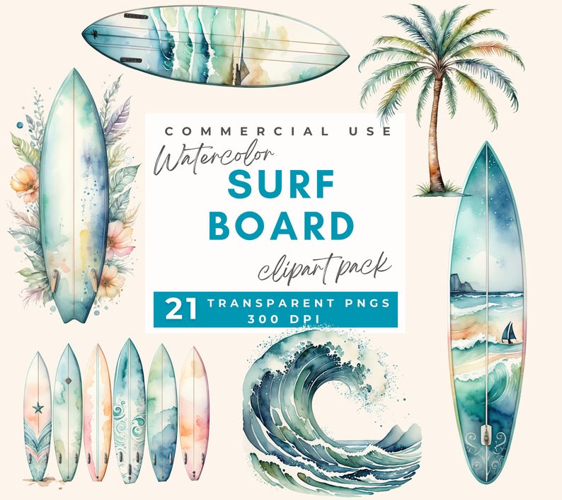 K&ouml;nnte beinhalten: Ein Set mit 21 Aquarell-Illustrationen von Surfbrettern, Wellen und einer Palme. Die Illustrationen sind in Blaut&ouml;nen, Gr&uuml;nt&ouml;nen und Gelbt&ouml;nen gehalten. Der Text "COMMERCIAL USE Watercolor SURF BOARD clipart pack 21 TRANSPARENT PNGS 300 DPI" ist im Bild enthalten.