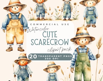 Cute Scarecrow Clipart, Cute scarecrow PNG, Fall with scarecrow clipart, Watercolor Scarecrow Clipart, Farmer's market, Autumn clipart PNG