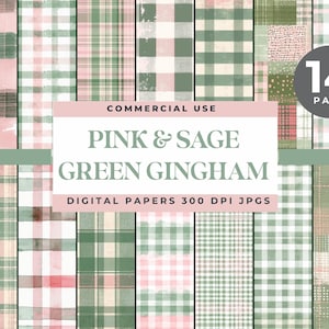 May include: A collection of 14 digital papers featuring pink and sage green gingham patterns. The designs include various plaid and check styles, with a watercolor effect. The text on the image reads "Pink & Sage Green Gingham" and "Digital Papers 300 DPI JPGs".