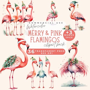 Merry and pink flamingos Clipart whimsical Christmas flamingos Clip Art, 36 Festive Holiday Flamingo PNG 3 bonus JPG digital paper printable