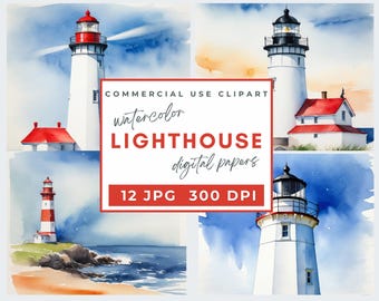 Lighthouse watercolor clipart, light house 12 JPG, ocean sea clipart, Clipart Wall Art, Card Making, Junk Journal, Digital Scrapbooking
