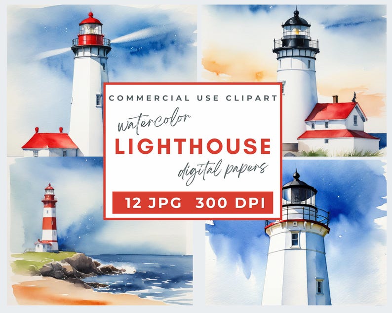 Lighthouse Watercolor Clipart, Light House 12 JPG, Ocean Sea Clipart ...
