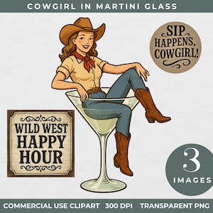 Cowgirl in martiniglas clipart, Western Wall Art PNG-bundel, Sip Happens quote cowgirl, happy hour-bord wilde westen, zuidelijk landontwerp