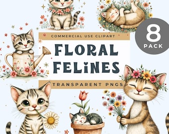 Schrullige Katzen Clipart, süße Katze PNGs mit Blumen, wunderliche Katze Clip Art Pack, Aquarell Kitty Grafiken, Cottagecore Gartentier Clipart