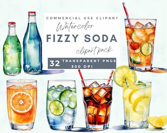 Soda Watercolor Clipart, Watercolor Soda Clipart Pack, Soda PNG, Soda Graphics, Summer Drink PNG, Lemonade PNG, Cola Clipart, Commercial Use