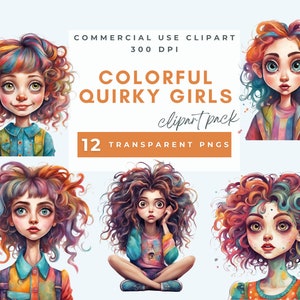 Whimsical quirky girl clipart, Female colorful whimsy girls card making junk journals, Commercial Use, Whimsical Ephemera, Instant Download