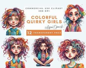 Whimsical quirky girl clipart, Female colorful whimsy girls card making junk journals, Commercial Use, Whimsical Ephemera, Instant Download