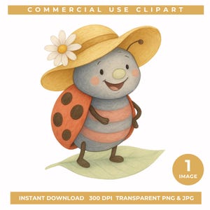 Clipart de joaninha em chapéu de verão, clipart de joaninha fofa PNG, arte de inseto em aquarela, ilustração de inseto de jardim, clipart de chapéu de margarida, inseto do amor PNG