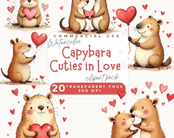Capybara Valentinstag Clipart, niedliches Capybara Clipart Bundle, Valentinstag Capybara Clip Art PNG, Aquarell Tiere Herzen und Blumen PNG