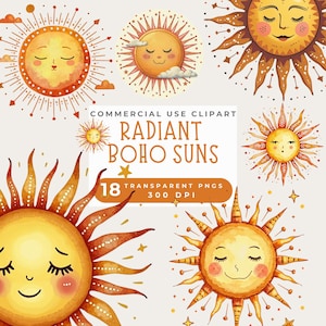 Carte et clipart Boho soleil, aquarelle soleil Clipart été PNG chambre d'enfant Clip Art soleil dessins Art mural chambre d'enfant Invitation baby shower