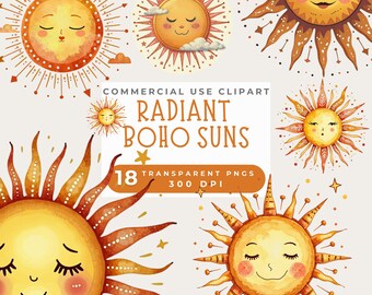 Clipart de sol bohemio, clipart de sol de acuarela, clipart de verano PNG, clip art para guardería, diseños de sol, arte de pared para guardería, invitación y tarjeta para baby shower