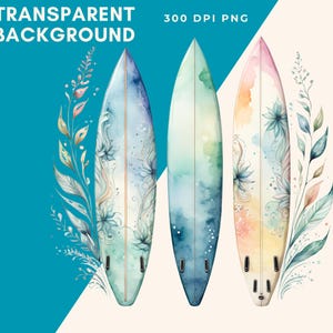 K&ouml;nnte beinhalten: Drei Aquarell-gemalte Surfbretter mit Blumenmustern. Die Surfbretter sind blau, gr&uuml;n und gelb mit wei&szlig;en und rosa Blumenakzenten.