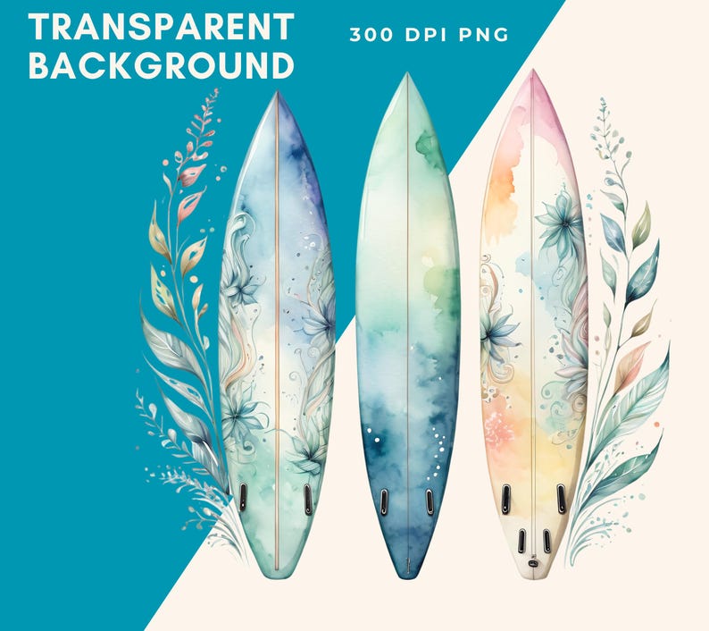 K&ouml;nnte beinhalten: Drei Aquarell-gemalte Surfbretter mit Blumenmustern. Die Surfbretter sind blau, gr&uuml;n und gelb mit wei&szlig;en und rosa Blumenakzenten.