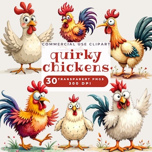 Clipart poulet excentrique mignon, clipart drôle de poulet, lunatique fou fou aquarelle poule PNG, fabrication de cartes, scrapbooking, usage Commercial