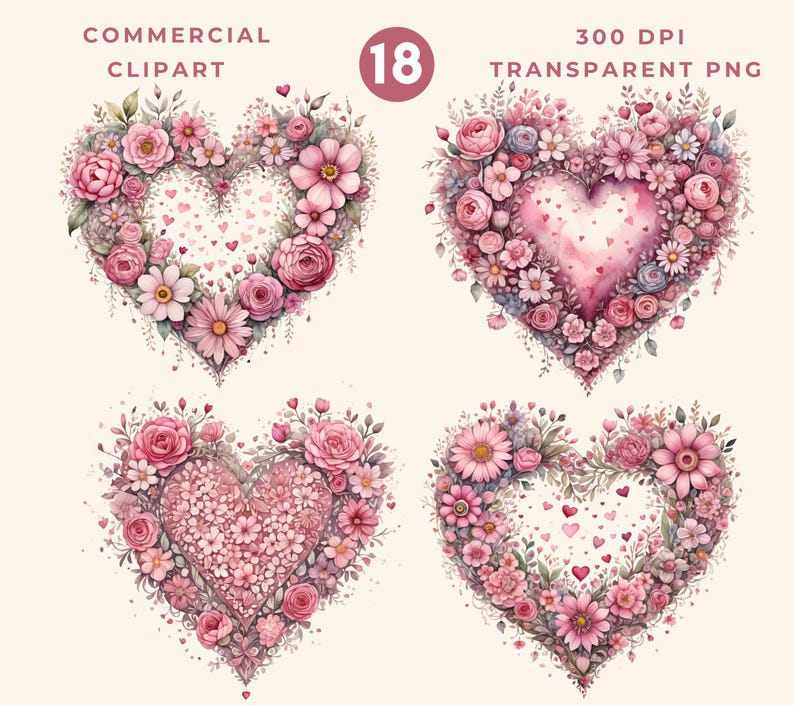 Pink Floral Heart Clipart, Valentines Clipart, Flower Heart Png ...