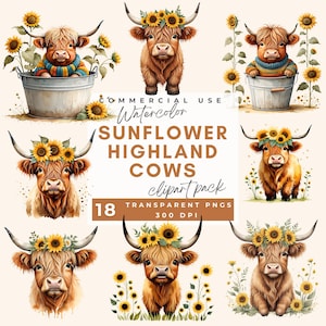 Watercolor Sunflower Highland Cows Collection Clipart, Highland Cow Sunflower Clipart, Baby Animal, Baby Cow Clipart Bundle, Commercial Use