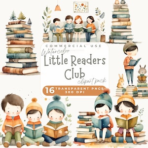 Buchklub Clipart, Clip Art PNG für kleine Leser, Kinder, die Bücher Grafiken lesen, Aquarell Buchklub Clipart, Buchstapel PNG