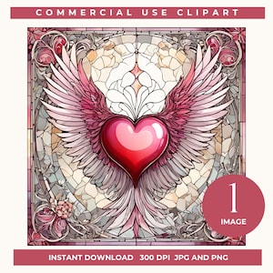 Ailes d'ange avec clipart coeur Vitrail coeur clipart papier numérique Art d'anniversaire, conception romantique de la Saint-Valentin Graphismes de mariage deuil