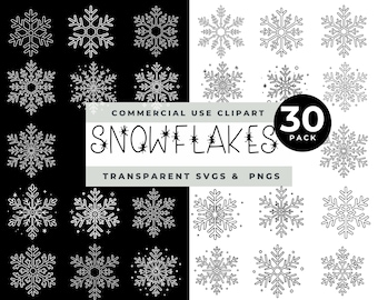 Może przedstawiać: Kolekcja 30 ilustracji płatków śniegu w formie białych linii na podzielonym czarno-białym tle. Tekst głosi COMMERCIAL USE CLIPART SNOWFLAKES 30 PACK TRANSPARENT SVGS & PNGS. Każdy płatek śniegu posiada unikalny wzór geometryczny.