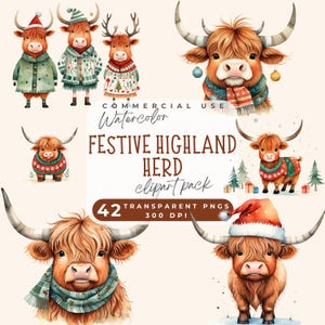 Christmas Highland Cow Clipart Pack Cute Christmas Highland Cows clip art Set, christmas clipart PNG cards crafts junk journals scrapbooking